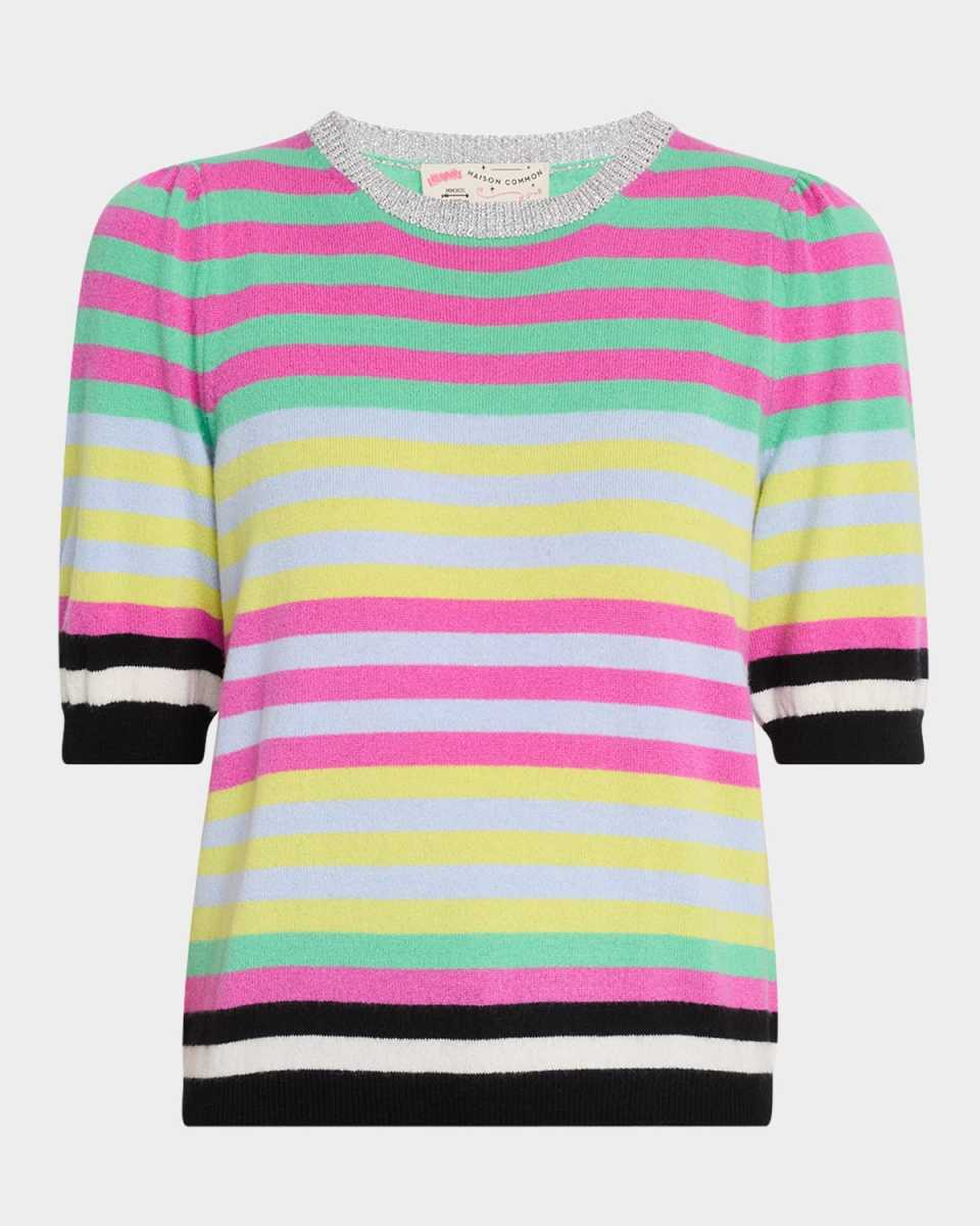 Striped Puff-Sleeve Wool-Cashmere Crewneck Sweat